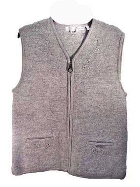 VEST, 100% WOOL, ZIP FRONT, MISSES XL, LIGHT GRAY, EMBROIDERED AND HAND FRAMED,